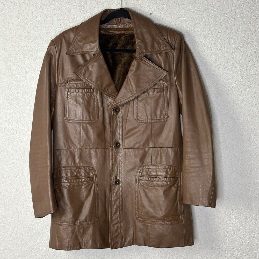 Vintage 70's Men’s Leather Jacket Chore Coat Zip Out Lining Brown Size S / M